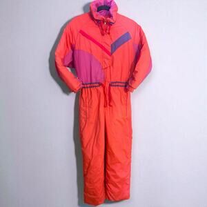 Vintage Roffe Skiwear Neon One Piece Ski Suit Snowsuit Pink Orange Retro 80s